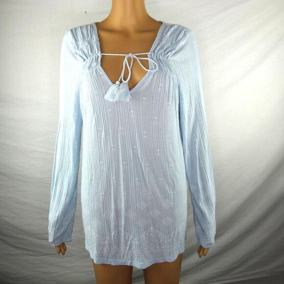 Lucky Brand Boho Diamond Print Open Neck Tassel Tie Long Sleeve Blouse Top Large - Picture 1 of 11